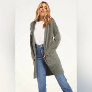 Z Supply Remi Feather Knit Open Front Duster Cardigan Olive Green M L